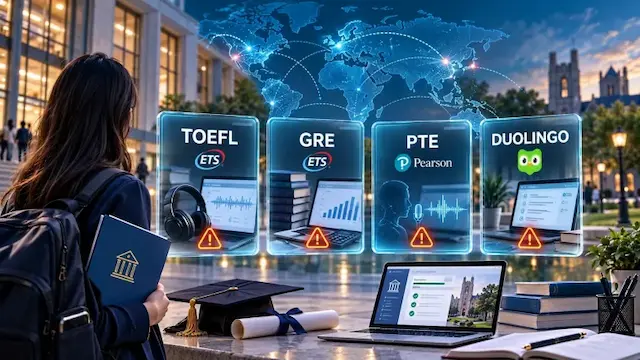 تصویر مفهومی آزمون‌های TOEFL، GRE، PTE و Duolingo برای متقاضیان ایرانی